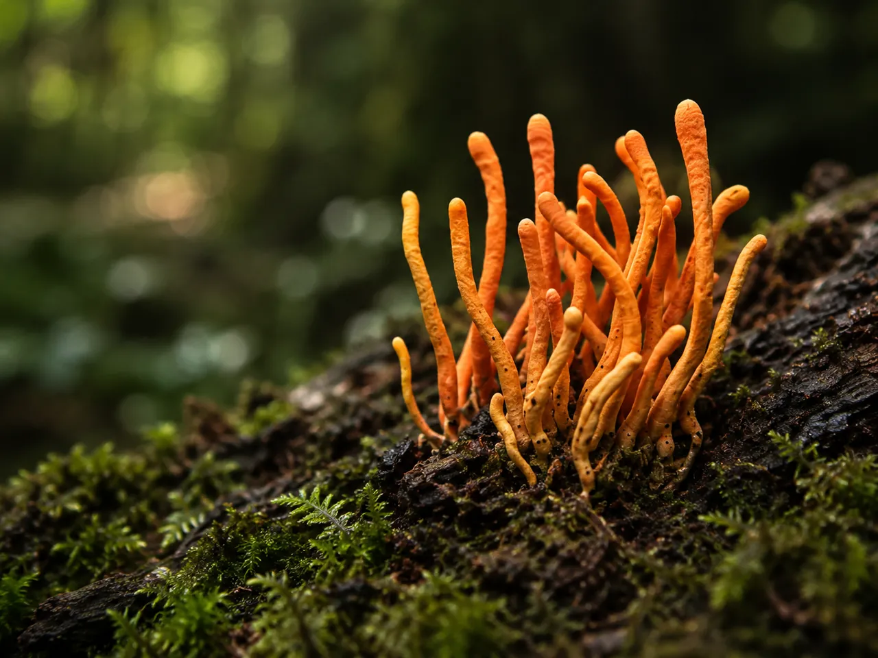Cordyceps militaris narancssárga termőtestei mohás fatörzsön