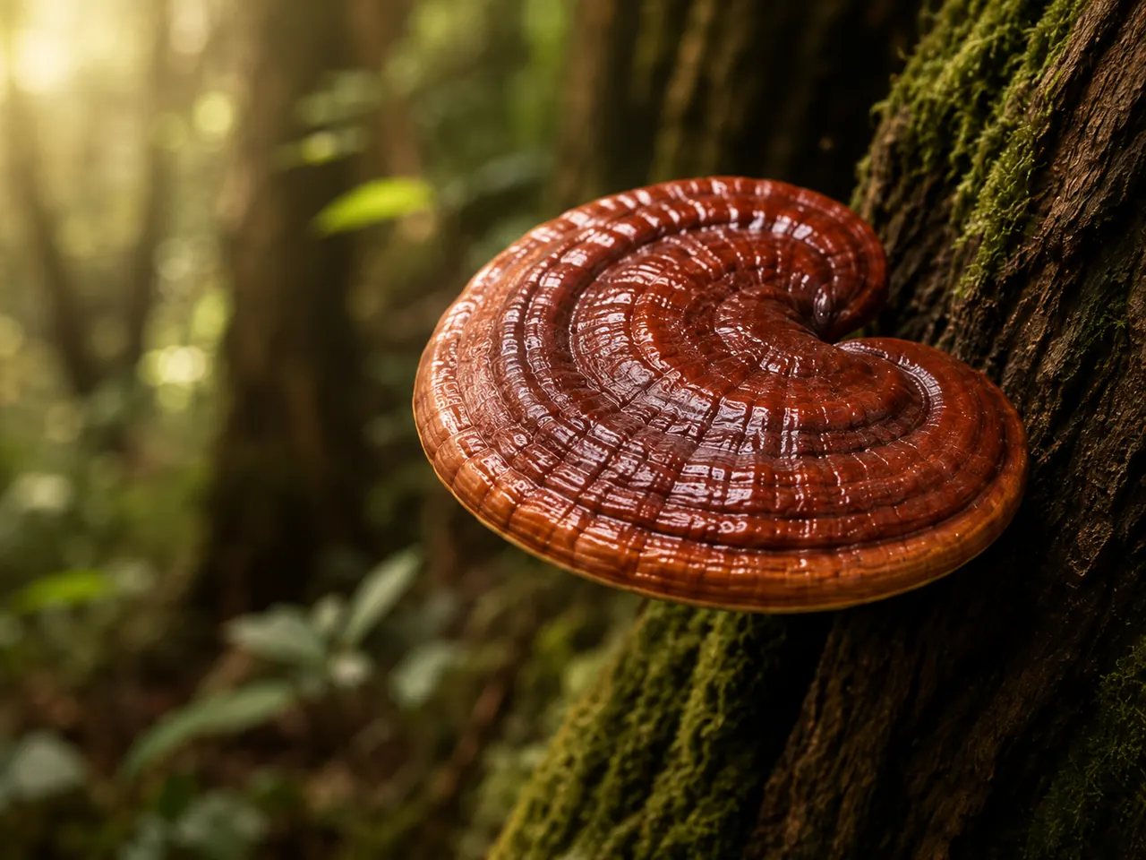 Ganoderma pecsétviaszgomba mohás fatörzsön