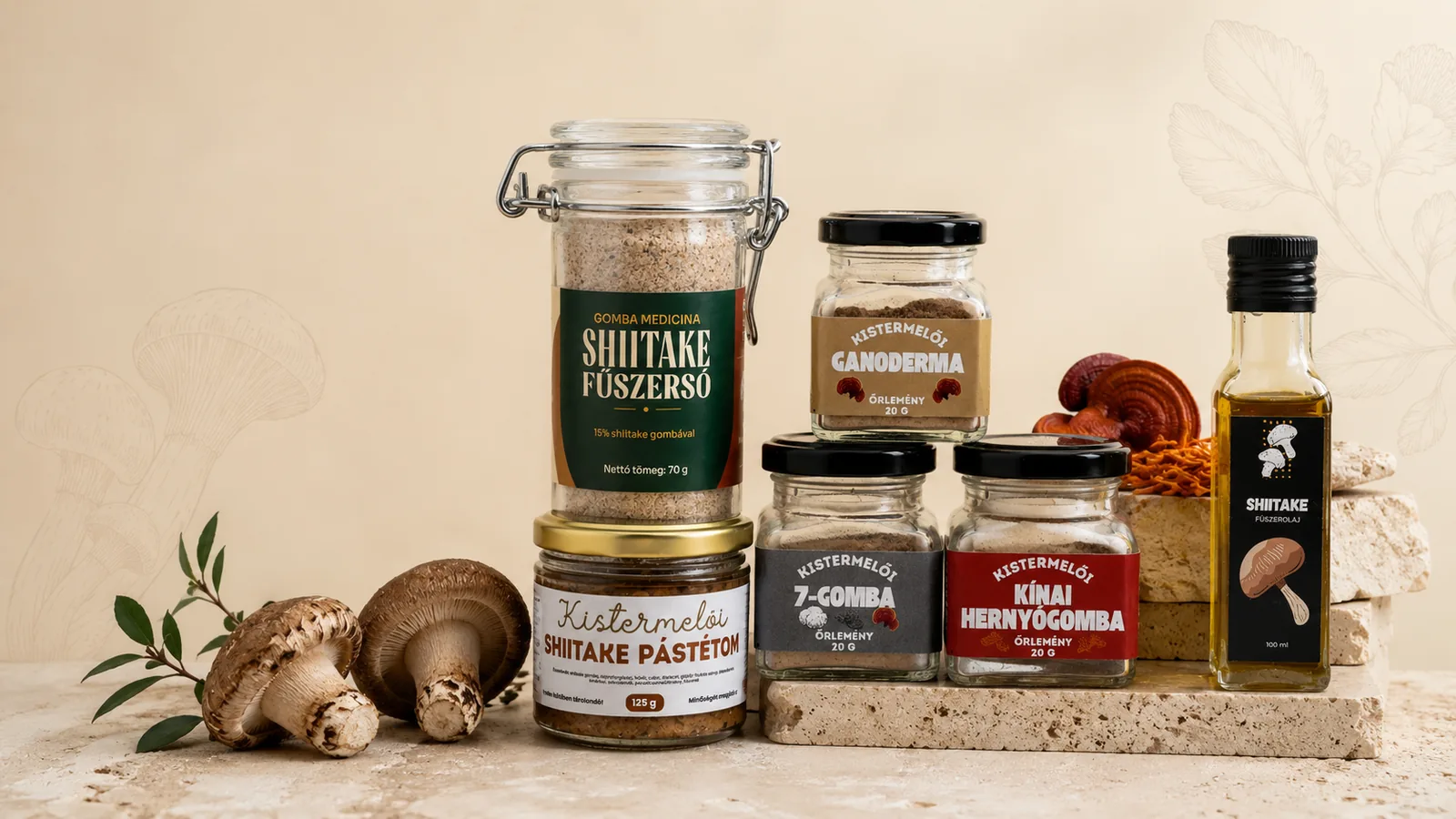 Gomba Medicina termékek: gombaőrlemények, shiitake fűszersó, shiitake pástétom és shiitake fűszerolaj
